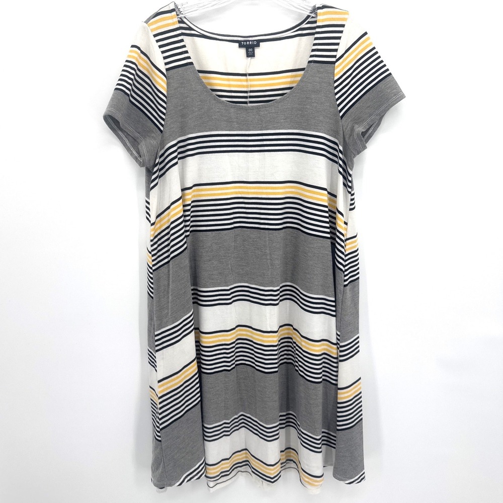 Torrid Women 00 Grey Striped Swing T-Shirt Summer Dress Yellow Black White